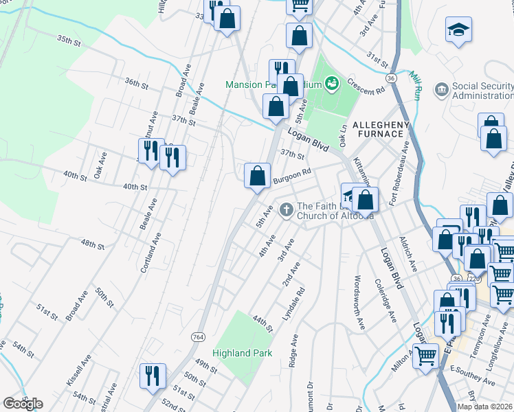 map of restaurants, bars, coffee shops, grocery stores, and more near in Altoona