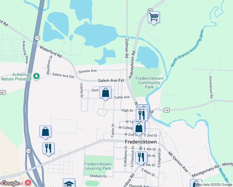 map of restaurants, bars, coffee shops, grocery stores, and more near 285 Grant Street in Fredericktown