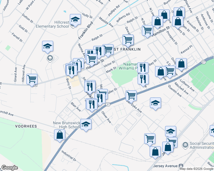map of restaurants, bars, coffee shops, grocery stores, and more near 164 Minetta Street in Franklin Township