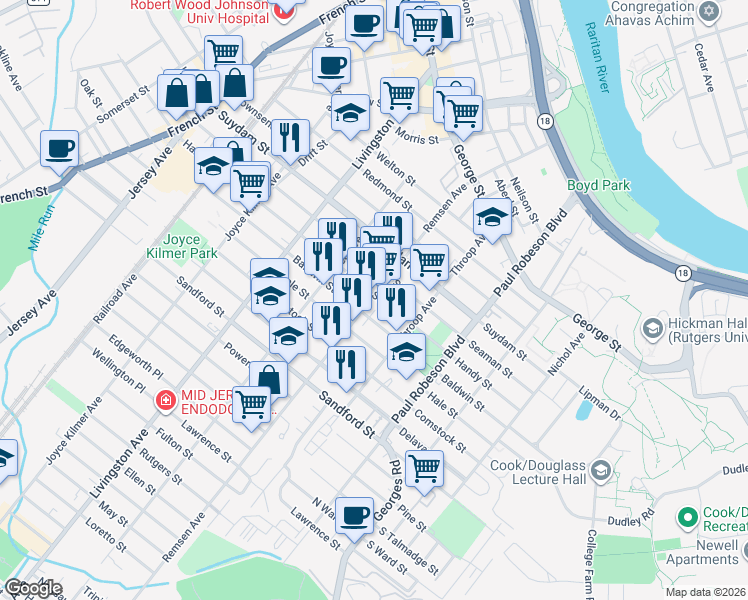 map of restaurants, bars, coffee shops, grocery stores, and more near 198 Handy Street in New Brunswick