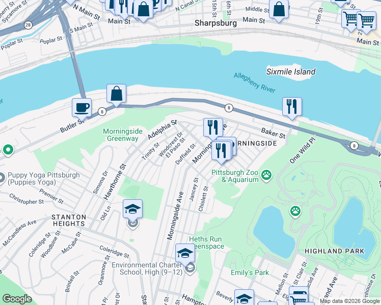 map of restaurants, bars, coffee shops, grocery stores, and more near 1723 Duffield Street in Pittsburgh