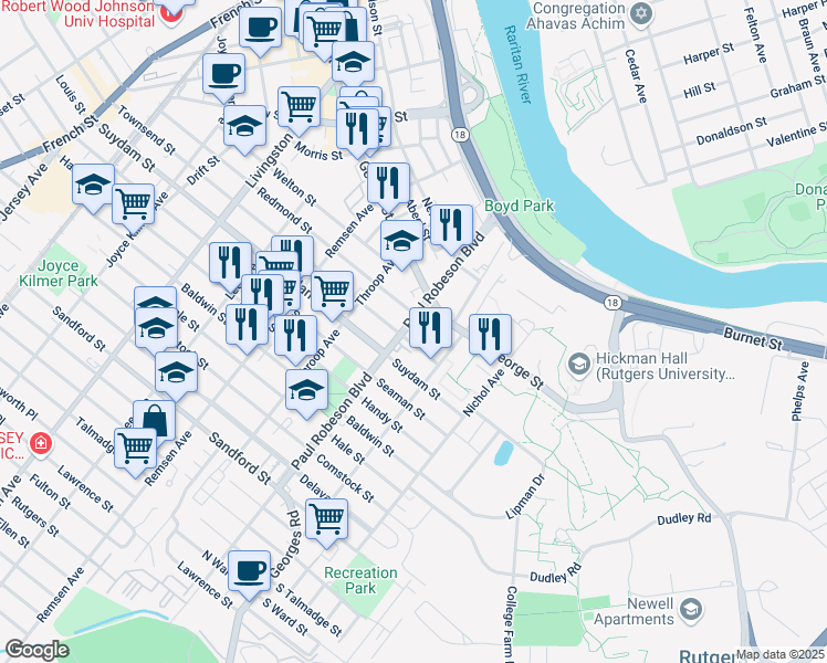 map of restaurants, bars, coffee shops, grocery stores, and more near 96 Commercial Avenue in New Brunswick