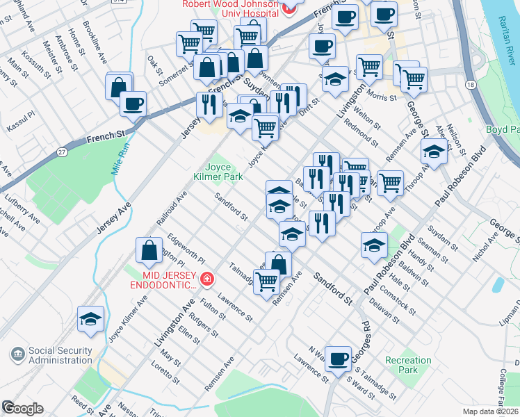 map of restaurants, bars, coffee shops, grocery stores, and more near in New Brunswick
