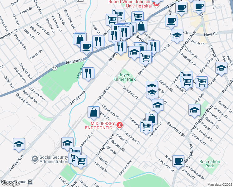 map of restaurants, bars, coffee shops, grocery stores, and more near 272 Powers Street in New Brunswick