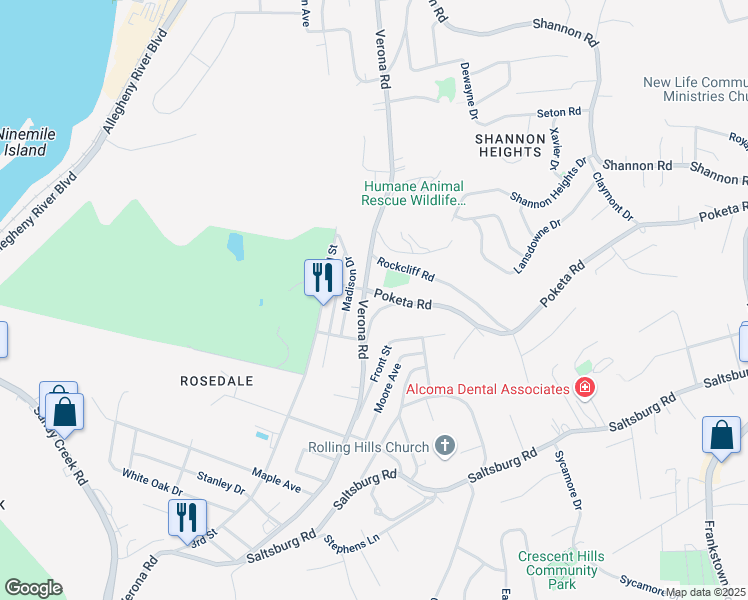 map of restaurants, bars, coffee shops, grocery stores, and more near 5743 Verona Road in Verona