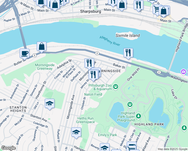 map of restaurants, bars, coffee shops, grocery stores, and more near 1821 Jancey Street in Pittsburgh