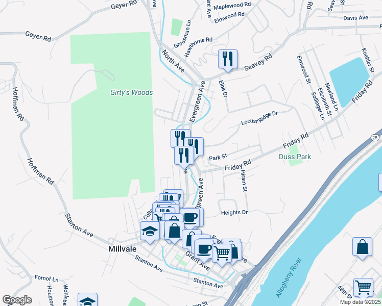 map of restaurants, bars, coffee shops, grocery stores, and more near 654 Evergreen Road in Pittsburgh