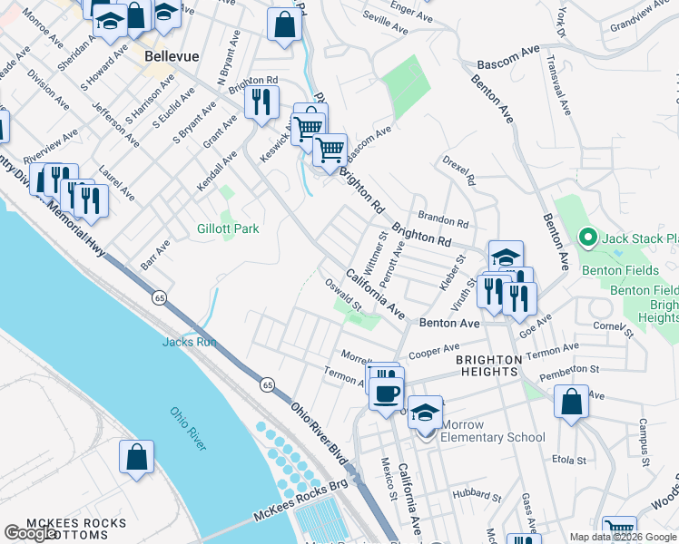 map of restaurants, bars, coffee shops, grocery stores, and more near 4023 California Avenue in Pittsburgh
