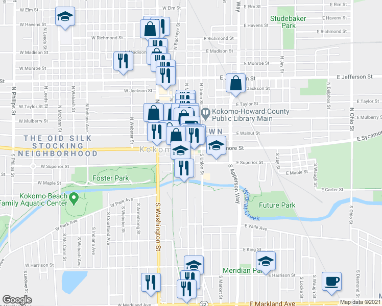map of restaurants, bars, coffee shops, grocery stores, and more near 101 West Sycamore Street in Kokomo