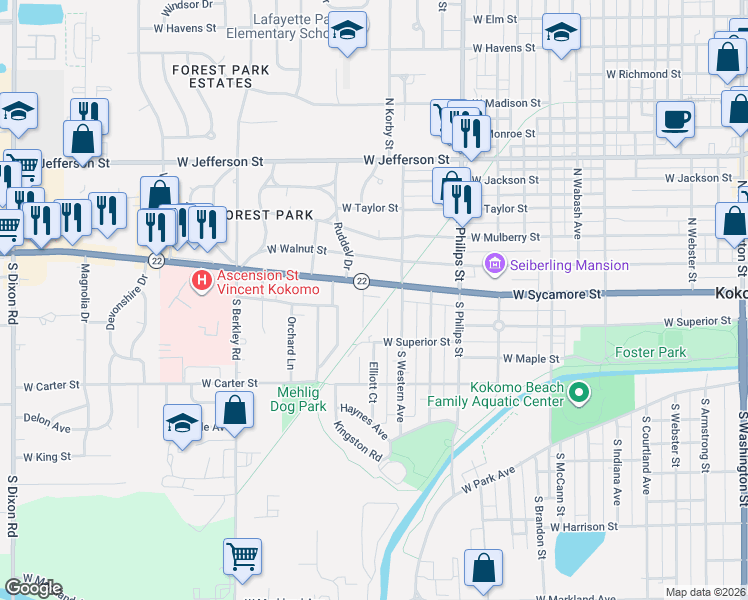 map of restaurants, bars, coffee shops, grocery stores, and more near 1523 West Sycamore Street in Kokomo