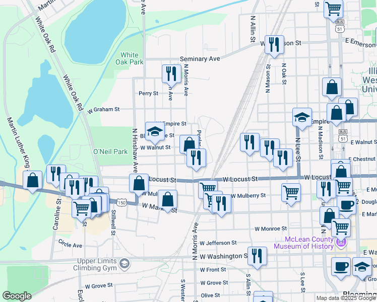 map of restaurants, bars, coffee shops, grocery stores, and more near 902 North Morris Avenue in Bloomington