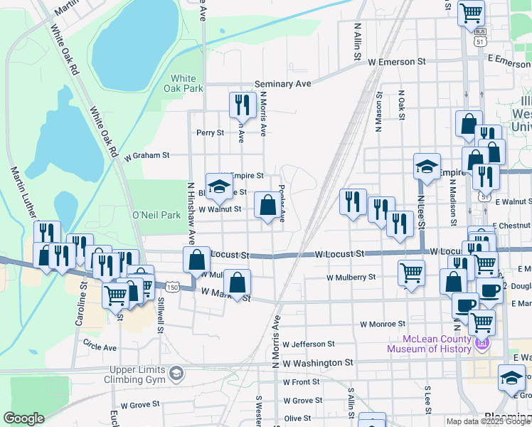 map of restaurants, bars, coffee shops, grocery stores, and more near 902 North Morris Avenue in Bloomington