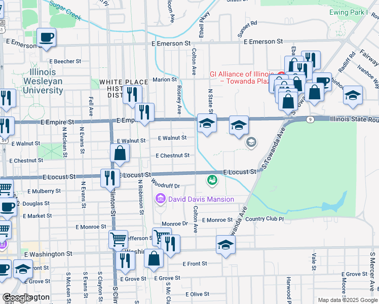 map of restaurants, bars, coffee shops, grocery stores, and more near 916 East Chestnut Street in Bloomington
