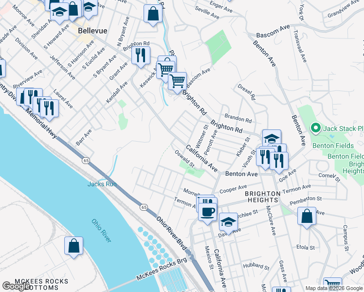 map of restaurants, bars, coffee shops, grocery stores, and more near 4023 California Avenue in Pittsburgh