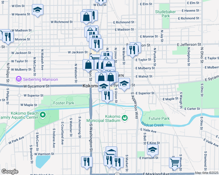 map of restaurants, bars, coffee shops, grocery stores, and more near 105 East Sycamore Street in Kokomo