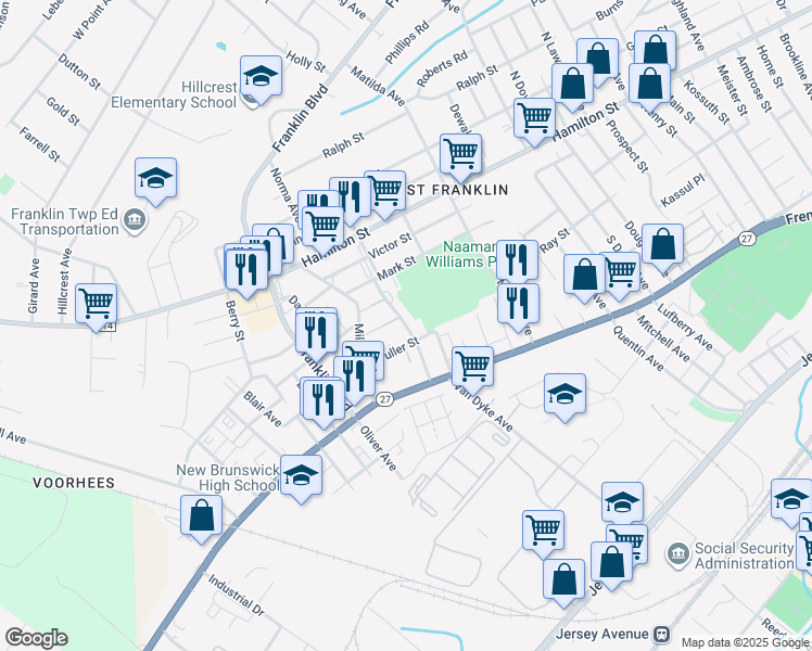 map of restaurants, bars, coffee shops, grocery stores, and more near 34 Parkside Street in Franklin Township