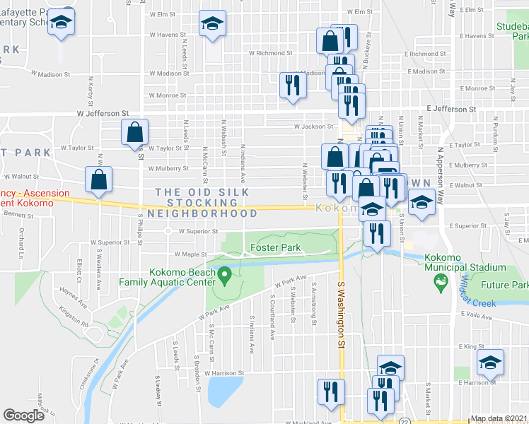 map of restaurants, bars, coffee shops, grocery stores, and more near 619 West Sycamore Street in Kokomo