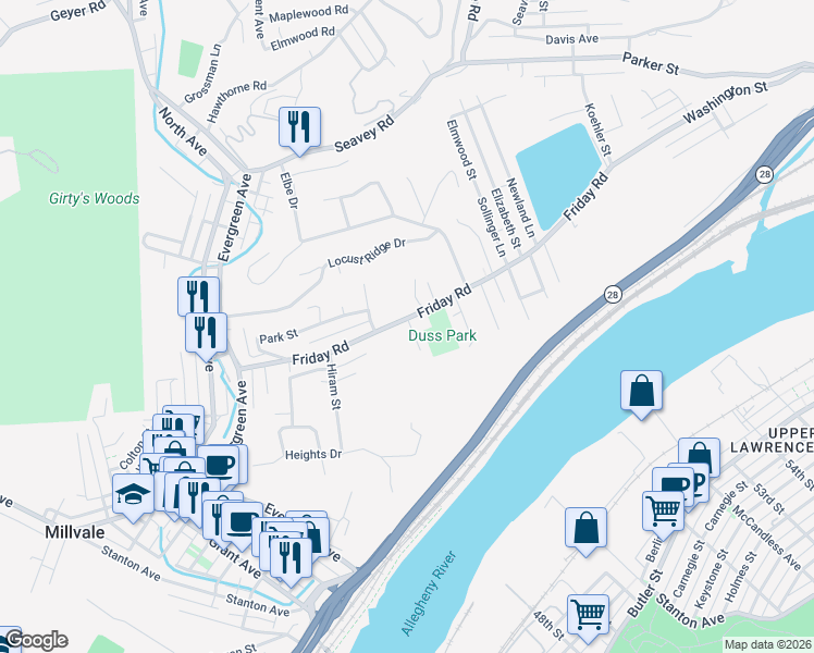map of restaurants, bars, coffee shops, grocery stores, and more near 320 Friday Road in Pittsburgh