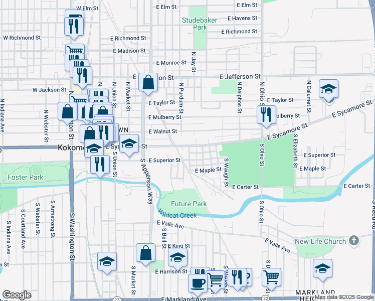 map of restaurants, bars, coffee shops, grocery stores, and more near 707 East Sycamore Street in Kokomo