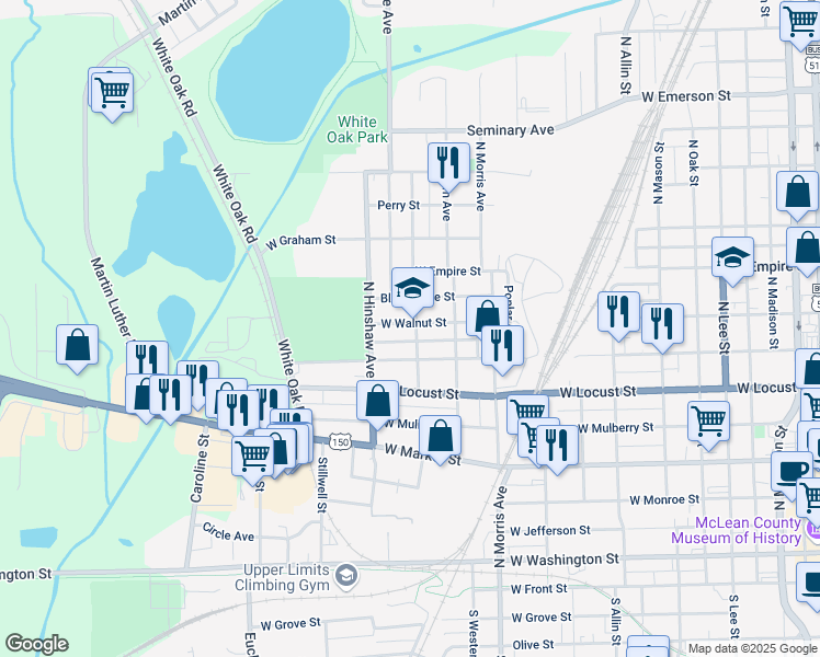 map of restaurants, bars, coffee shops, grocery stores, and more near 1402 West Walnut Street in Bloomington
