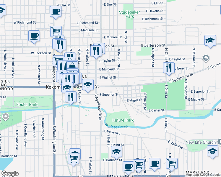 map of restaurants, bars, coffee shops, grocery stores, and more near 531 East Sycamore Street in Kokomo