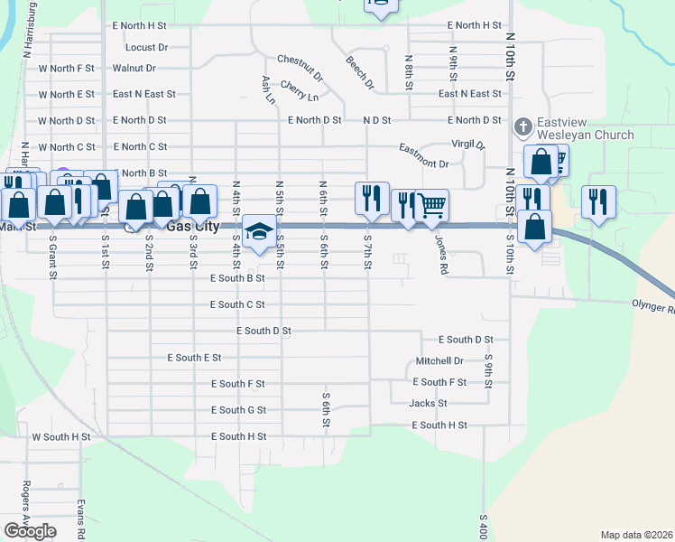 map of restaurants, bars, coffee shops, grocery stores, and more near 614 East South A Street in Gas City