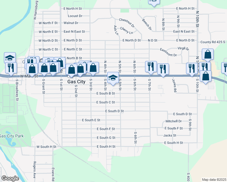 map of restaurants, bars, coffee shops, grocery stores, and more near 417 East South B Street in Gas City