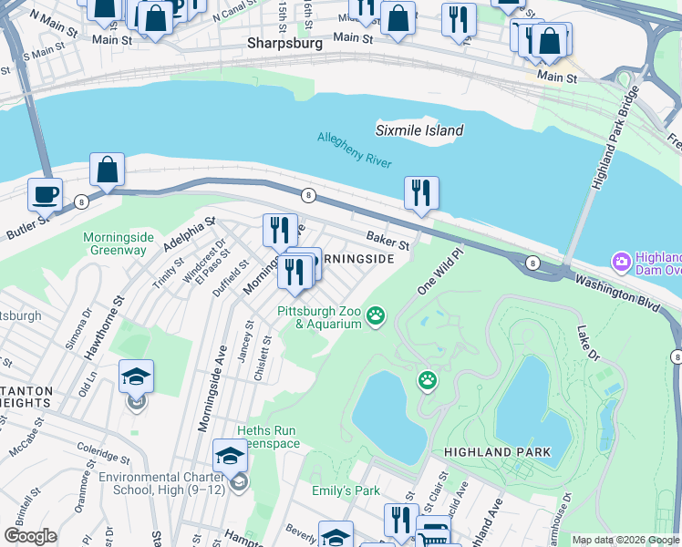 map of restaurants, bars, coffee shops, grocery stores, and more near 1849 Chislett Street in Pittsburgh