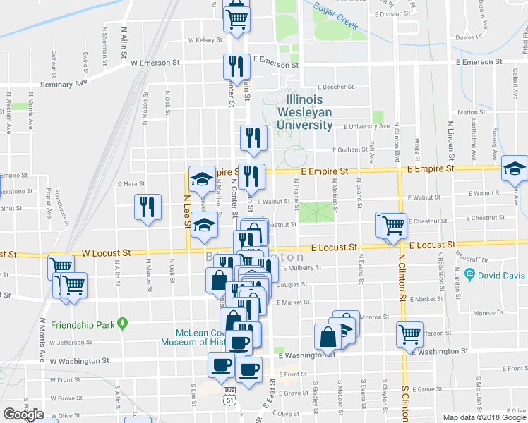 map of restaurants, bars, coffee shops, grocery stores, and more near 807 North Main Street in Bloomington