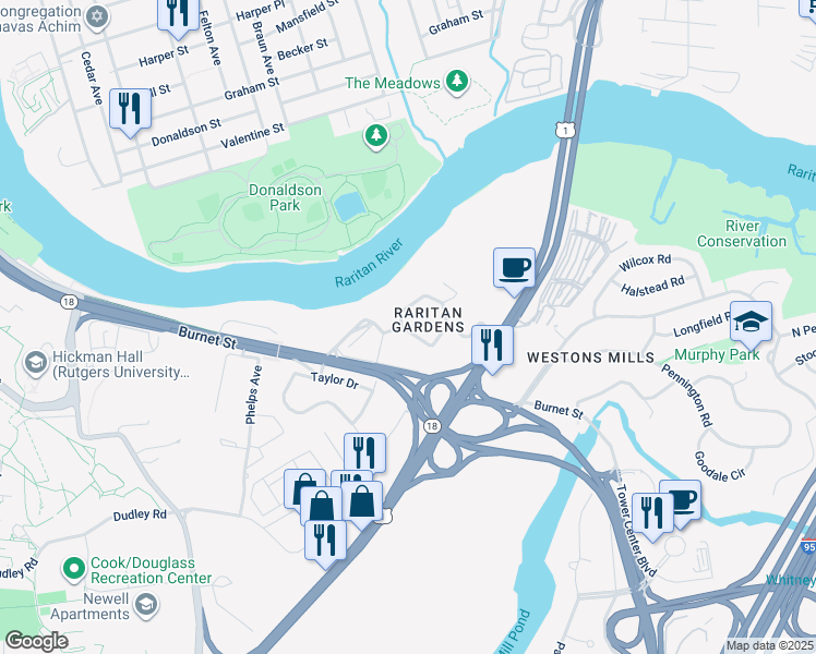 map of restaurants, bars, coffee shops, grocery stores, and more near 1 Chester Circle in New Brunswick