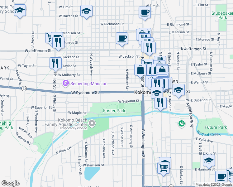 map of restaurants, bars, coffee shops, grocery stores, and more near 537 West Sycamore Street in Kokomo