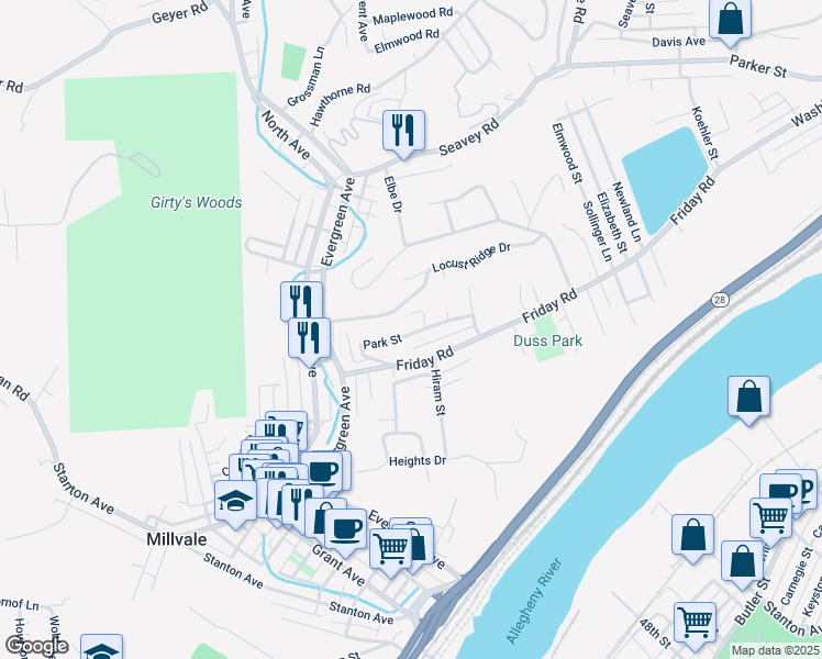 map of restaurants, bars, coffee shops, grocery stores, and more near 117 Park Street in Pittsburgh