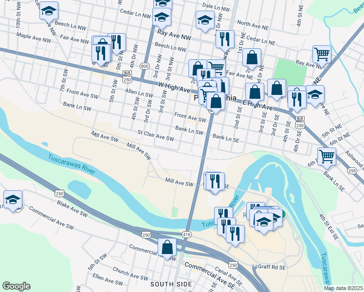 map of restaurants, bars, coffee shops, grocery stores, and more near 152 Saint Clair Avenue Southwest in New Philadelphia