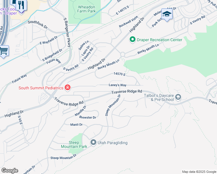 map of restaurants, bars, coffee shops, grocery stores, and more near 554 Laney's Way in Draper