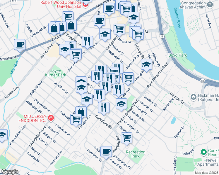 map of restaurants, bars, coffee shops, grocery stores, and more near 174 Handy Street in New Brunswick