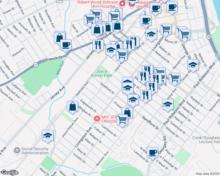 map of restaurants, bars, coffee shops, grocery stores, and more near in New Brunswick