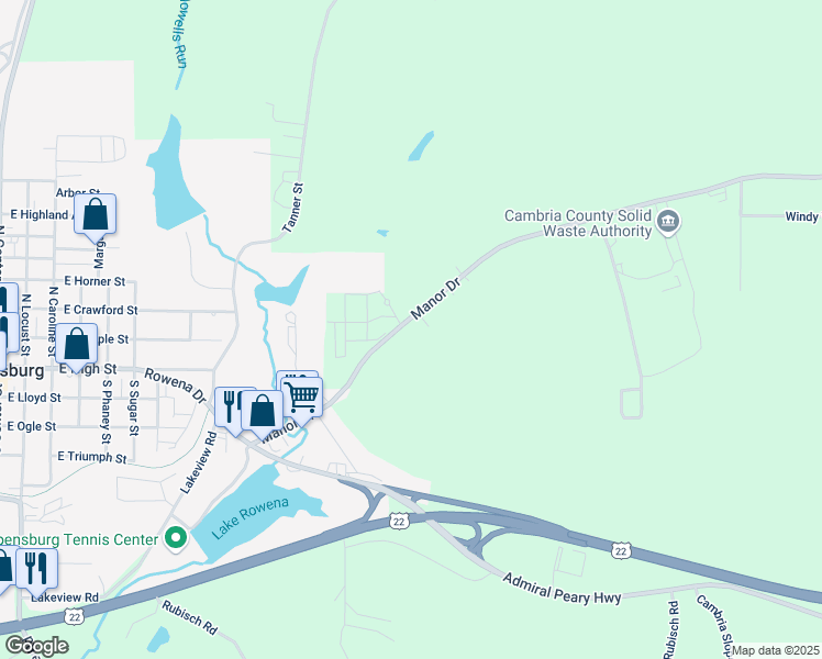 map of restaurants, bars, coffee shops, grocery stores, and more near 266-298 Manor Drive in Ebensburg