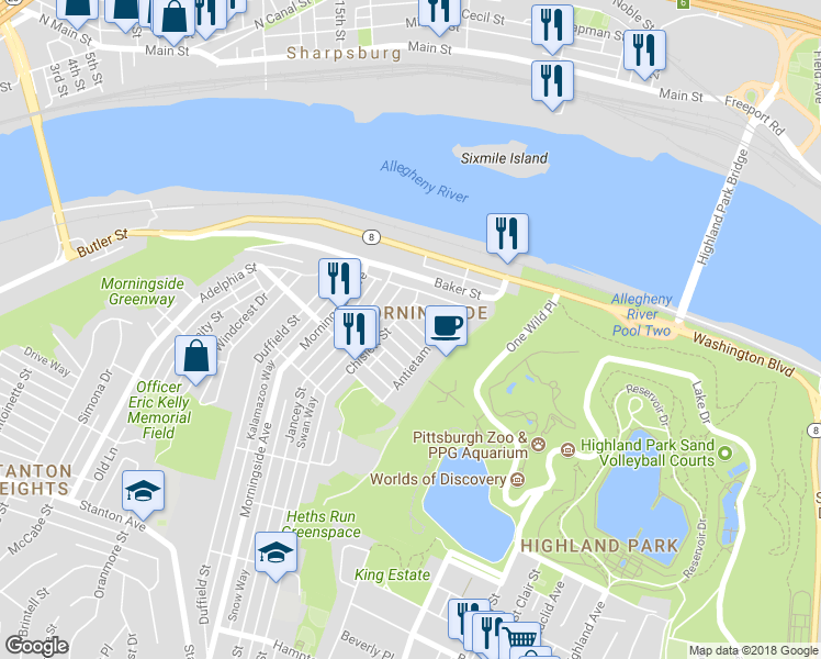 map of restaurants, bars, coffee shops, grocery stores, and more near 1849 Chislett Street in Pittsburgh