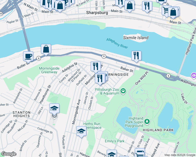 map of restaurants, bars, coffee shops, grocery stores, and more near 1821 Jancey Street in Pittsburgh
