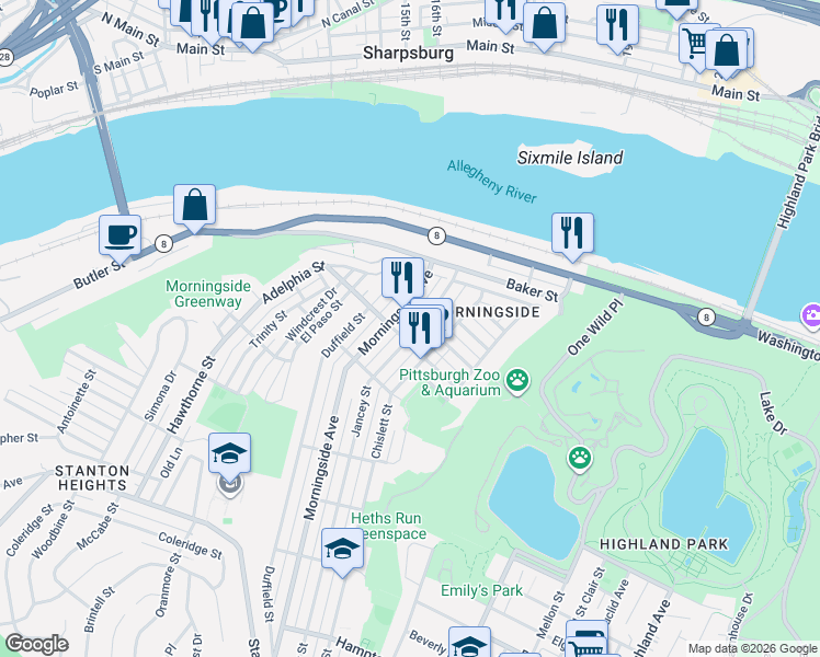 map of restaurants, bars, coffee shops, grocery stores, and more near 1821 Jancey Street in Pittsburgh