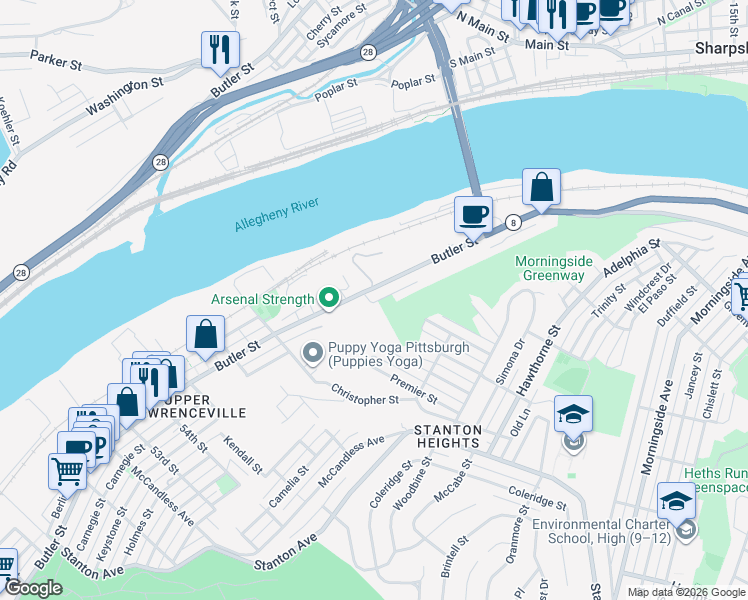 map of restaurants, bars, coffee shops, grocery stores, and more near 6020 Butler Street in Pittsburgh