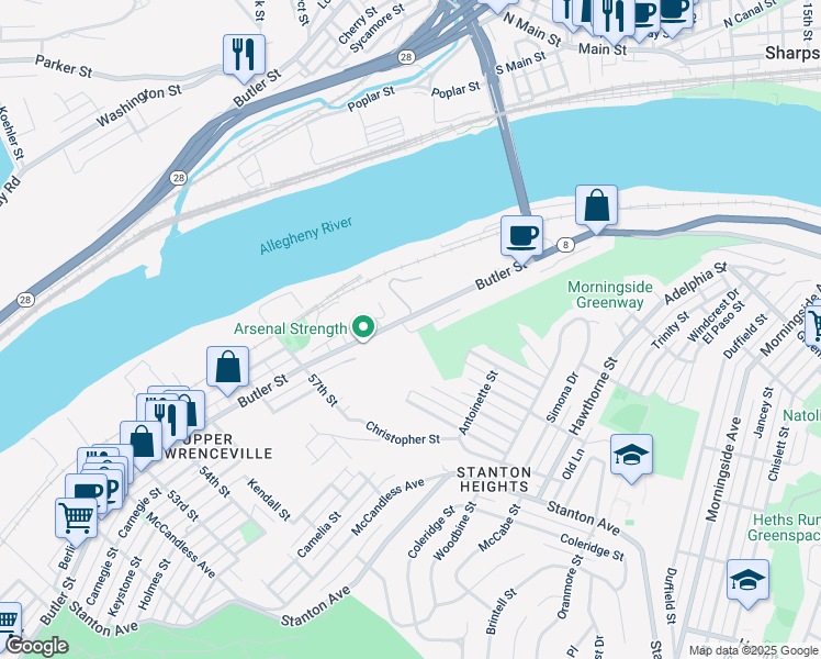 map of restaurants, bars, coffee shops, grocery stores, and more near 6020 Butler Street in Pittsburgh
