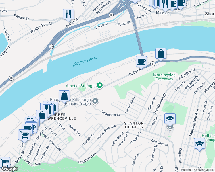 map of restaurants, bars, coffee shops, grocery stores, and more near 6020 Butler Street in Pittsburgh