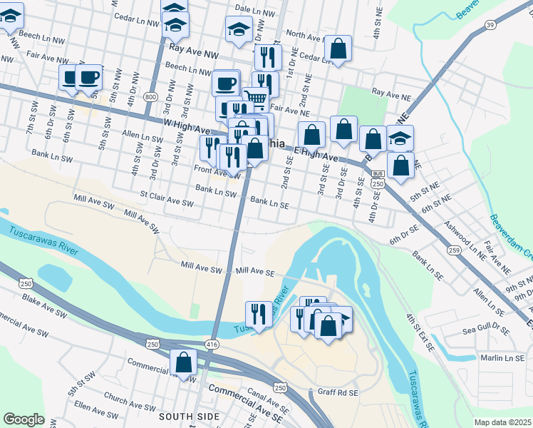 map of restaurants, bars, coffee shops, grocery stores, and more near 230 1st Drive Southeast in New Philadelphia