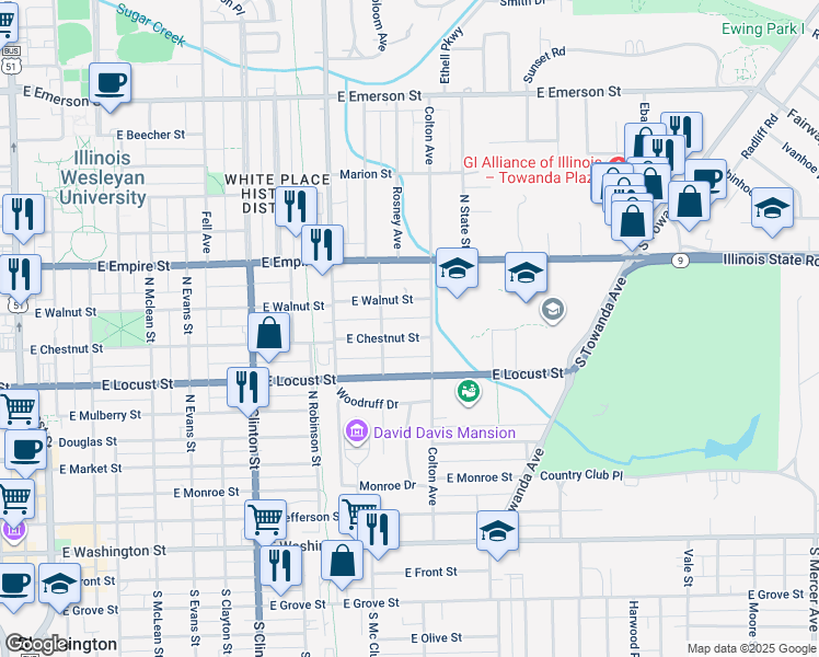 map of restaurants, bars, coffee shops, grocery stores, and more near 916 East Chestnut Street in Bloomington