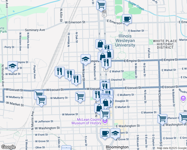 map of restaurants, bars, coffee shops, grocery stores, and more near 811 North Roosevelt Avenue in Bloomington