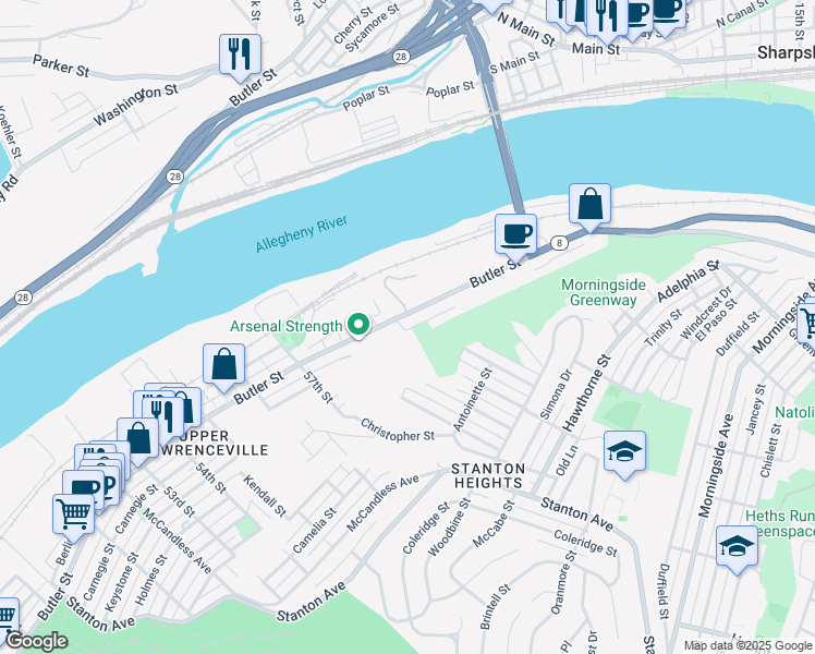 map of restaurants, bars, coffee shops, grocery stores, and more near 6020 Butler Street in Pittsburgh