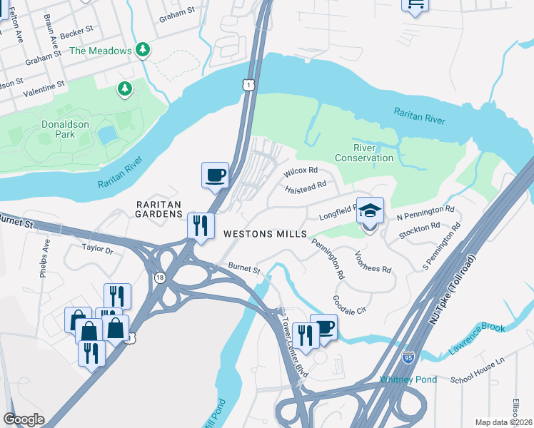map of restaurants, bars, coffee shops, grocery stores, and more near 65 Tunison Road in New Brunswick