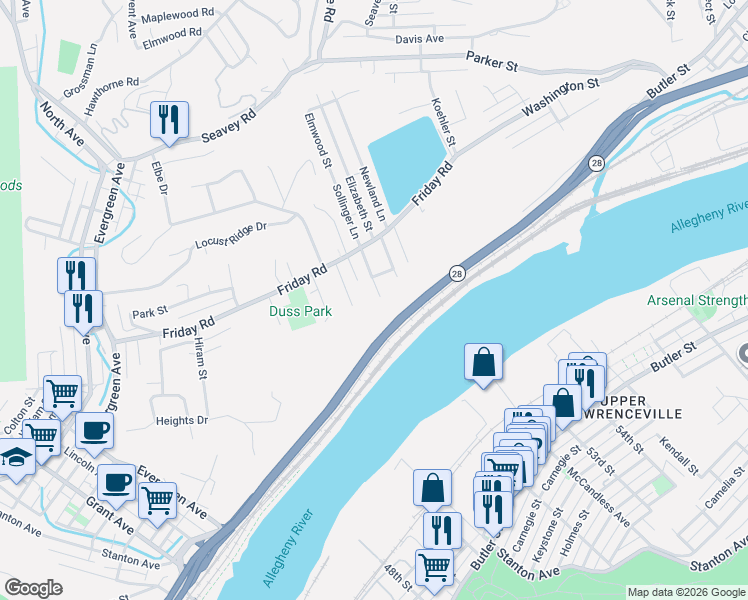 map of restaurants, bars, coffee shops, grocery stores, and more near 37 Perry Street in Millvale