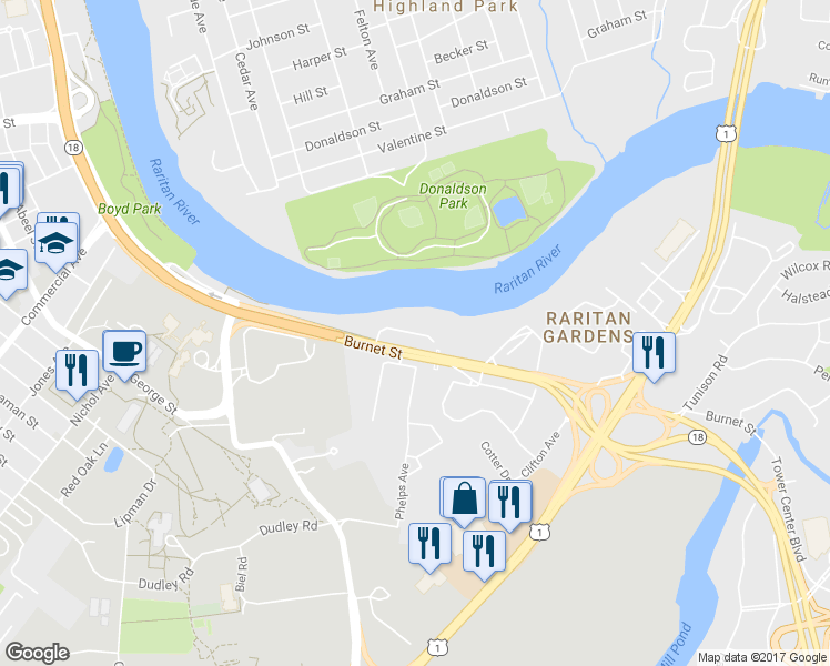 map of restaurants, bars, coffee shops, grocery stores, and more near 9 Carpender Road in New Brunswick